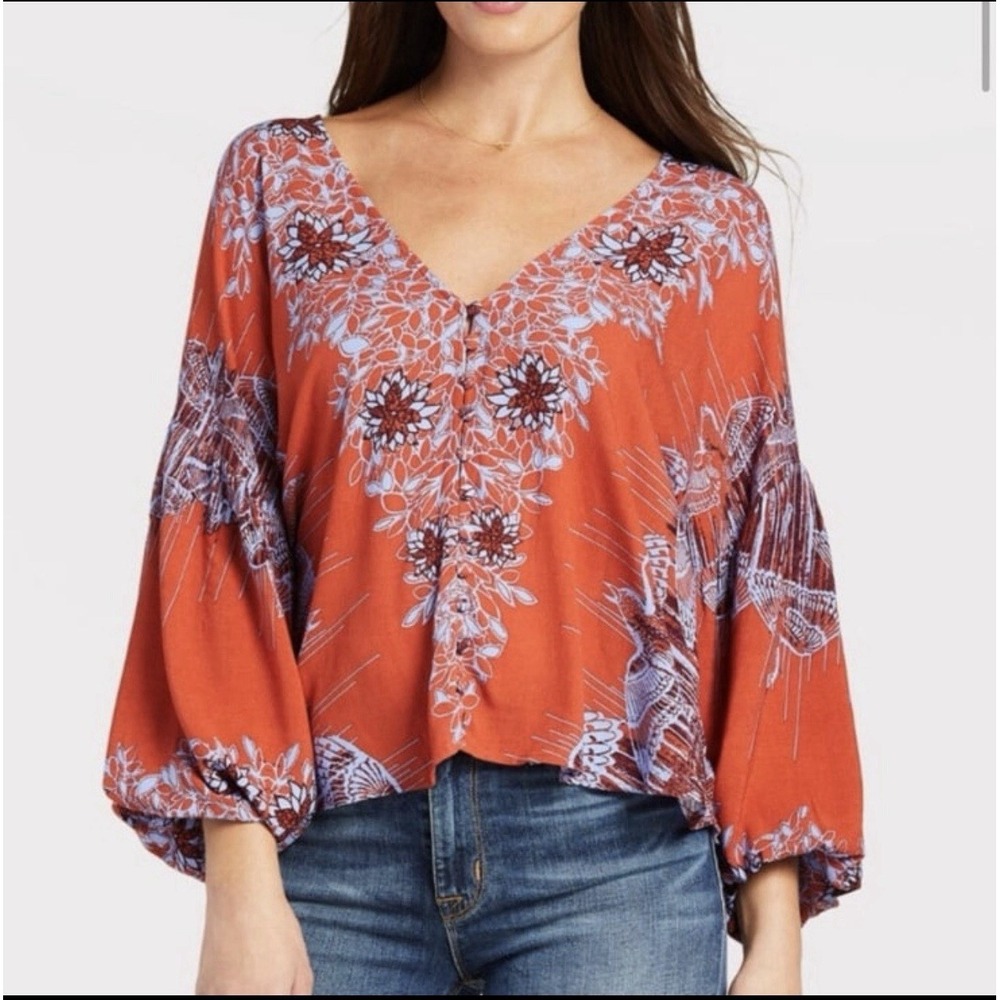 Free People Birds Of A Feather Red Lavender Oversized Peasant Top Boho Sz L